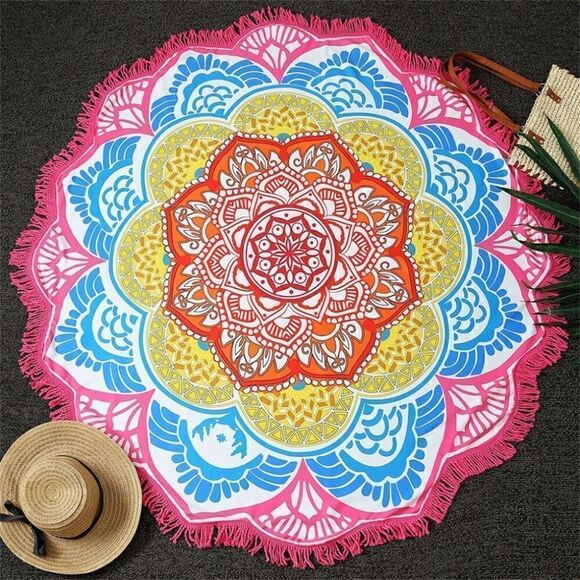 HARVE' BERNARD circular  Blue/ White  BEACH BLANKET 56" 2"  FRINGE  NEW! BOHO - Picture 1 of 8